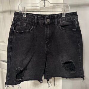 Mid-Length Distressed Black Denim Shorts